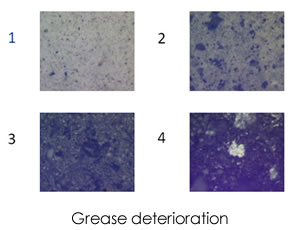 著細(xì)鐵和磁性磨損顆粒的增加,回轉(zhuǎn)軸承的惡化,第四張圖像顯示潤滑脂完全干燥